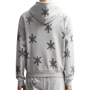 Rhinestones for <b>Clothes</b> Cotton Thick Casual Oversized Hoodie Men Full Face Zip up Rhinestone Asid Wash Hoodie - Product Image 5