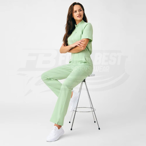 Women Light Green <b>Scrub</b> Top With Zip Front And Pocket For Medical Staff Hospital <b>Uniform</b> Knitted Cotton Polyester Blouse - Product Image 2