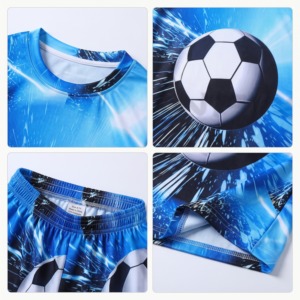 Ensemble de maillot de football pour garçons, manches courtes, polyester à séchage rapide, imprimé bleu, vêtements de sport d'été, col rond, short à taille élastique - Product Image 5