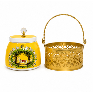 Decorative Iron Printed Pichwai Design Dry Fruit <b>Jar</b> with Crystal Knob Lid and Filigree Metal Holder for Festive Gifting - Product Image 1