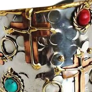 Handmade Brass Antique <b>Silver</b> Plated Shell & Diamond Vintage Flower Pattern Cuff Bracelet <b>for</b> Unisex Anniversary - Product Image 4