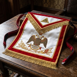 Delantal Masónico de Lujo en Terciopelo Rojo Personalizado con Bordado Dorado en 3D de Águila de Dos Cabezas, Flecos y Borlas, Regalia Masónica con Cuello en V - Product Image 2