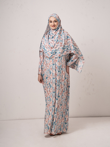 Abaya longue ouverte pour femme en mousseline florale avec ensemble hijab imprimé assorti, style malaisien, service OEM, double couche, attache avant, rose - Product Image 1