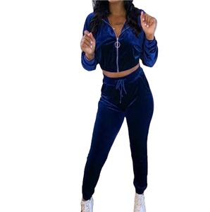 Hot sale zipper crop top <b>hoodie</b> with joggers trousers two piece set for women - Product Image 4