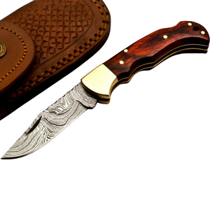 Cuchillos Plegables Hechos a Mano con Acero de Damasco, Mango de Madera Marrón y Bolster de Latón para Camping, Caza y Actividades al Aire Libre - Product Image 3