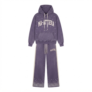 Conjunto de Sudadera con Capucha y Pantalones Deportivos Personalizados para Hombre, Color Morado con Pedrería, Felpa de Algodón, Estilo Urbano, Talla Grande, Venta al Por Mayor OEM - Product Image 3