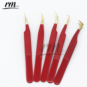 Ensemble de pinces à cils en acier inoxydable, couleur rouge vif, pointe brillante or 24 carats, poignée diamantée professionnelle, logo personnalisé - Product Image 2