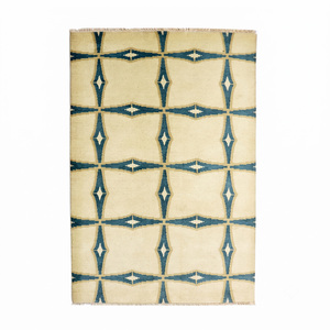 Alfombra de Lana Ecológica Azul Turquesa y Marfil con Diseño Geométrico de Rejilla y Motivo de Diamante y Estrella para Sala de Estar, Dormitorio e Interiores de Hotel - Product Image 1