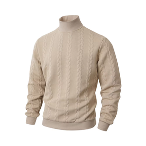 เสื้อสเวตเตอร์ไหมพรมคอสูงสีเบจสำหรับผู้ชาย แขนยาว สีพื้น ผ้าฝ้าย 100% ระบายอากาศได้ดี ป้องกันรอยยับ เหมาะสำหรับฤดูหนาว - Product Image 1