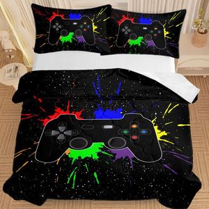 Black Video Game Controller Comforter Set with Red Blue Green Purple Yellow Ink for Boys' Bedroom or Living Room Bed Decor - Product Image 1