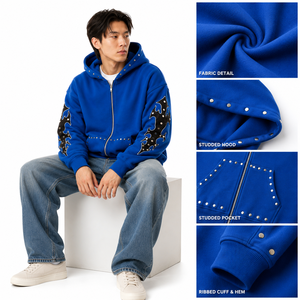 Sweat à capuche personnalisé pour homme, fermeture éclair sur le devant, détails cloutés sur les manches, motif graphique, coupe décontractée, manches longues, collection de vêtements en gros B2B USA - Product Image 5