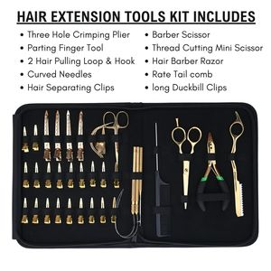 Kit d'outils pour extensions capillaires : Pince à sertir à trois trous, Aiguilles à boucle, Pinces de sectionnement, Ciseaux, Rasoir, Peigne à queue, Pinces bec de canard - Product Image 2