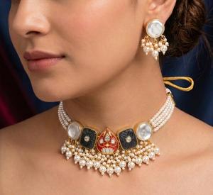 Parure de bijoux vintage en laiton avec perles d'imitation, collier pendentif à pompon en zircon et boucles d'oreilles assorties, style ethnique pour femme, cadeau de mariage ou de fête - Product Image 2