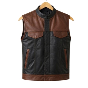 Men's <b>Brown</b> and Black Leather <b>Vest</b>, Biker Motorcycle Waistcoat Club Style Rider <b>Vest</b> - Product Image 1