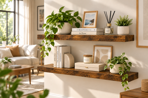 Juego de 2 Estantes Flotantes de Pared en Madera Rústica Marrón con Soportes de Acero, Ahorro de Espacio para Sala de Estar, Cocina y Baño - Product Image 4