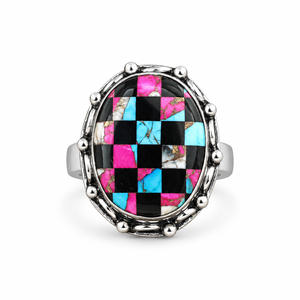 Bague ovale en argent turquoise à motif carreaux et coton-rouge, style bohème western, avec pierre précieuse, bijou fantaisie du sud-ouest pour femme - Product Image 5