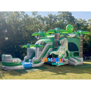 Château gonflable aquatique combiné en PVC vert marbré et gris avec toboggan aquatique, kits de réparation et souffleur inclus - Product Image 1