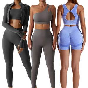 Ensemble de vêtements de sport 3 pièces pour femmes en gros : Leggings, veste de gym, survêtement, tenue de yoga – Spandex/Nylon respirant sans couture - Product Image 4