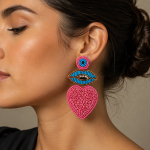 Pendientes Largos Bohemios Hechos a Mano con Borlas y Cuentas de Semillas Sstringz para Mujer, con Ojo Turco Rojo y Blanco, Ideales para Fiestas y Festivales - Product Image 3