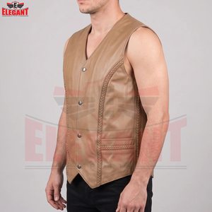 <span class=keywords><strong>Gilet</strong></span> in Pelle <span class=keywords><strong>Beige</strong></span> da <span class=keywords><strong>Uomo</strong></span> OEM ODM con Finiture Intrecciate Decorative Laterali, Bottoni a Pressione Metallici, Scollo a V e Tasche Angolate - Product Image 2