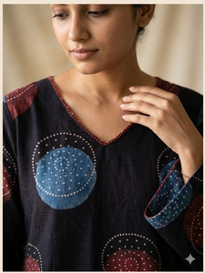 Kurti en coton imprimé pour femmes, noir, col en V, manches trois quarts, coupe droite, tunique ethnique décontractée, tenue confortable pour tous les jours - Product Image 2