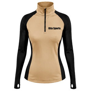 Haut de sport beige pour femme à col zippé, manches longues à motif floral, idéal pour l'entraînement et les activités sportives - Product Image 1