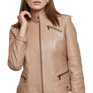 Chaqueta de Motociclista de Cuero Genuino para Mujer, Manga Larga, Cierre de Cremallera, Cuello Alto, Estilo Otoñal - Product Image 6