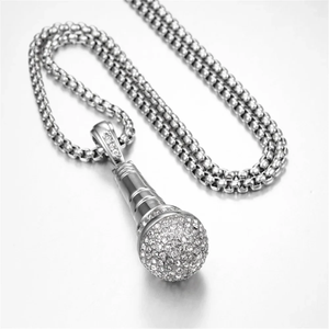 Hip Hop Microphone Pendant Necklace Iced Out Bling Moissanite Chain Music Mic Charm Gold <b>Silver</b> Mens Womens Jewelry <b>Choker</b> - Product Image 2