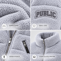 Vestes en molleton Sherpa gris personnalisées en gros, coupe-vent, col montant, épaisses et chaudes, doudounes matelassées pour hommes