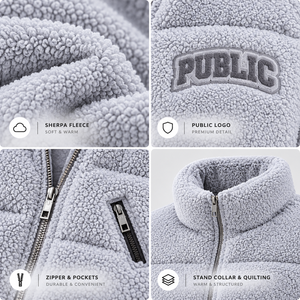 Bulk Custom Grey Sherpa <b>Fleece</b> <b>Jacket</b> Coats Windproof Stand Collar <b>Thick</b> Warm Winter Outerwear Quilted Padding <b>Jackets</b> for <b>Men</b> - Product Image 2