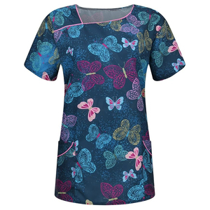 Custom Women’s Floral Print Medical Scrubs Top V-Neck Short Sleeve <b>Nurse</b> Uniform with Pockets Hospital Professional Workwear - Product Image 1