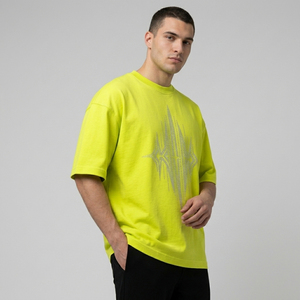 T-shirt à manches courtes pour homme, jaune fluo, col rond, motif géométrique en strass, coupe classique, jersey respirant en coton, vêtements décontractés - Product Image 4
