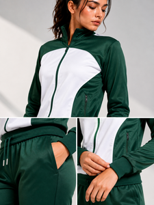 Ensemble de survêtement sportif pour femme, vert et blanc, à blocs de couleur, avec fermeture éclair intégrale et capuche, en polyester respirant, idéal pour l'automne - Product Image 4