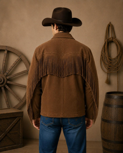Men's <b>western</b> Brown Fringe <b>Jacket</b> With Turn-down Collar Regular Fit Autumn Wear Vintage Style - Product Image 1