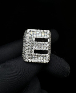 <b>Initial</b> 'E' Baguette Cut Moissanite Engagement <b>Ring</b> 925 Sterling Silver Rhodium Plated Prong Set Hip Hop Style Anniversary Gifts - Product Image 5