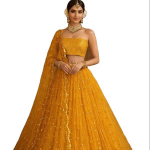 Lehenga Choli tendance et élégant en tissu filet doux, couleur jaune, avec broderies à sequins, spécial Haldi, pour mariée ou femme. - Product Image 1