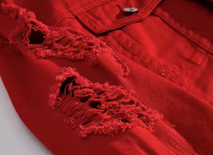 แจ็คเก็ตยีนส์สีแดงผู้ชายสีพื้นลำลองปกพับได้ขาดรุ่ยเสื้อโค้ทยีนส์ผ้าฝ้ายกระดุมแถวเดียวสไตล์ฤดูใบไม้ร่วง - Product Image 3