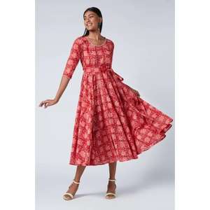 ชุดเดรสยาวปานกลางพิมพ์ลายสีแดงสำหรับผู้หญิง แขนเสื้อทรงเอ สไตล์ลำลอง ชุดเดรสงานปาร์ตี้สไตล์ชาติพันธุ์ - Product Image 1