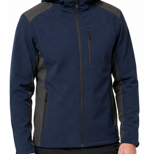 Wholesale Navy Blue Grey Contrast <b>Men</b> Softshell <b>Jacket</b> Hooded Two Tone Design Waterproof Outdoor Windbreaker Zipper Chest Pocket - Product Image 3