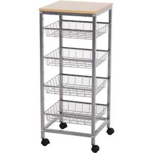 Chariot de rangement à 3 niveaux en fil métallique noir avec base en bois, chariot utilitaire mobile à roulettes, étagère organisatrice pour cuisine et salon - Product Image 4