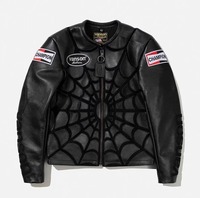 Veste en cuir Vanson Leathers Spider Web, style vintage, en cuir de vachette noir, veste de motard avec patchs de course, vêtements de rue pour hommes, cadeau
