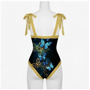 Ensemble de yoga 2 pièces imprimé papillon bleu avec finition dorée, body à col en V profond et jupe portefeuille longueur genou - Product Image 2