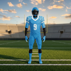 Maquette d'uniforme de football américain sublimé bleu électrique personnalisé, comprenant un maillot numéro 9 et un pantalon assorti. - Product Image 5