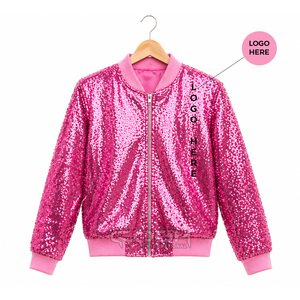 Cosh International Women <b>Sequin</b> Varsity <b>Jacket</b> Pink Glitter Bomber <b>Jacket</b> Long Sleeve Zipper Outerwear Greek Apparel - Product Image 1