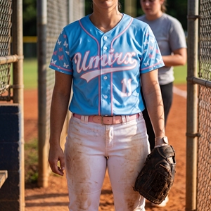 Camiseta de Softbol Personalizada Azul Cielo para Mujer, Sublimada con Mariposas, Nombre y Número Bordados, con Botones, para Equipo Femenino - Product Image 6