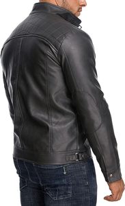 Men Black PU Leather Moto <b>Biker</b> <b>Jacket</b> Zipper Front Stand Collar Regular Sleeve Solid Color Autumn Style Windproof - Product Image 2
