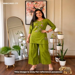 Conjunto de Kurti y Pantalón Corto de Algodón Dobby de Buena Calidad con Bordado Multihilo con Motivo de Aves, Moda Femenina - Product Image 1