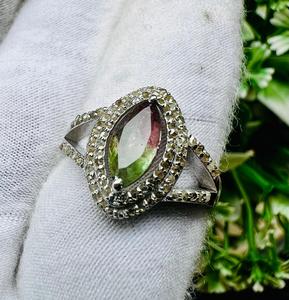 Vintage Bio Tourmaline Marquise Cut Natural <b>Crystal</b> Cocktail <b>Ring</b> 925 Silver Pave Setting Women's Everyday Wear - Product Image 5