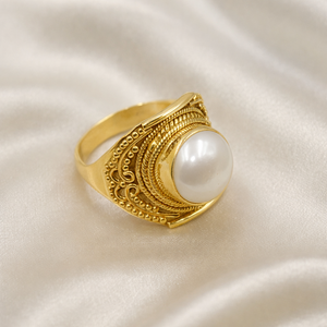 Mother of Pearl Round Cabochon <b>Ring</b> 925 Sterling <b>Silver</b> Vintage Boho <b>Statement</b> Handmade Filigree Design Women Jewelry for Men - Product Image 6