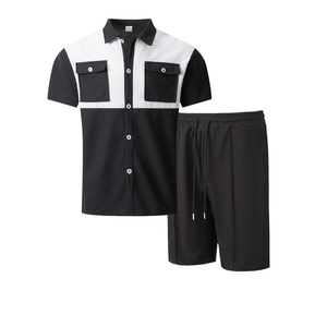 Men Color <b>Blocked</b> Short Sleeve Shirt With Double Pockets And Matching Shorts Casual Summer Two Piece Set <b>Waffle</b> Knit Breathable - Product Image 1